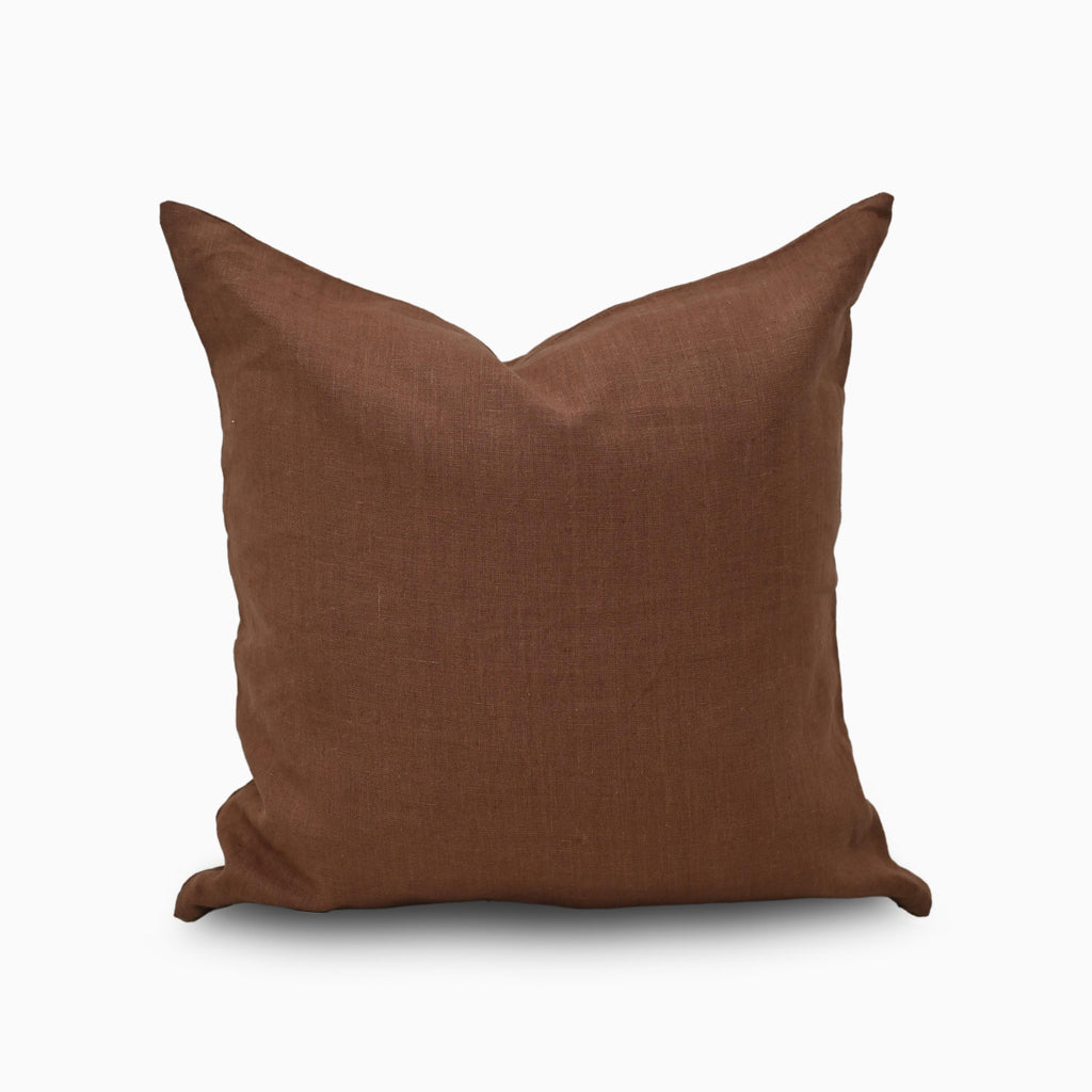 Solid earthy brown linen pillow cover, front view