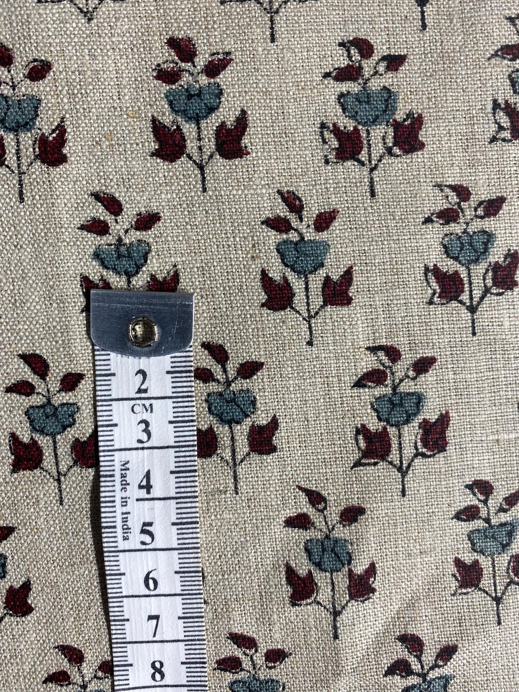 Hand block print linen pillow cover corner detail with hidden zipper