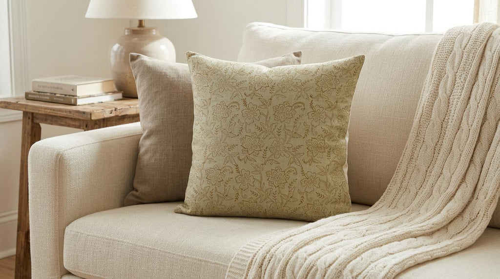 Hidden zipper closure on sage green block print cushion cover