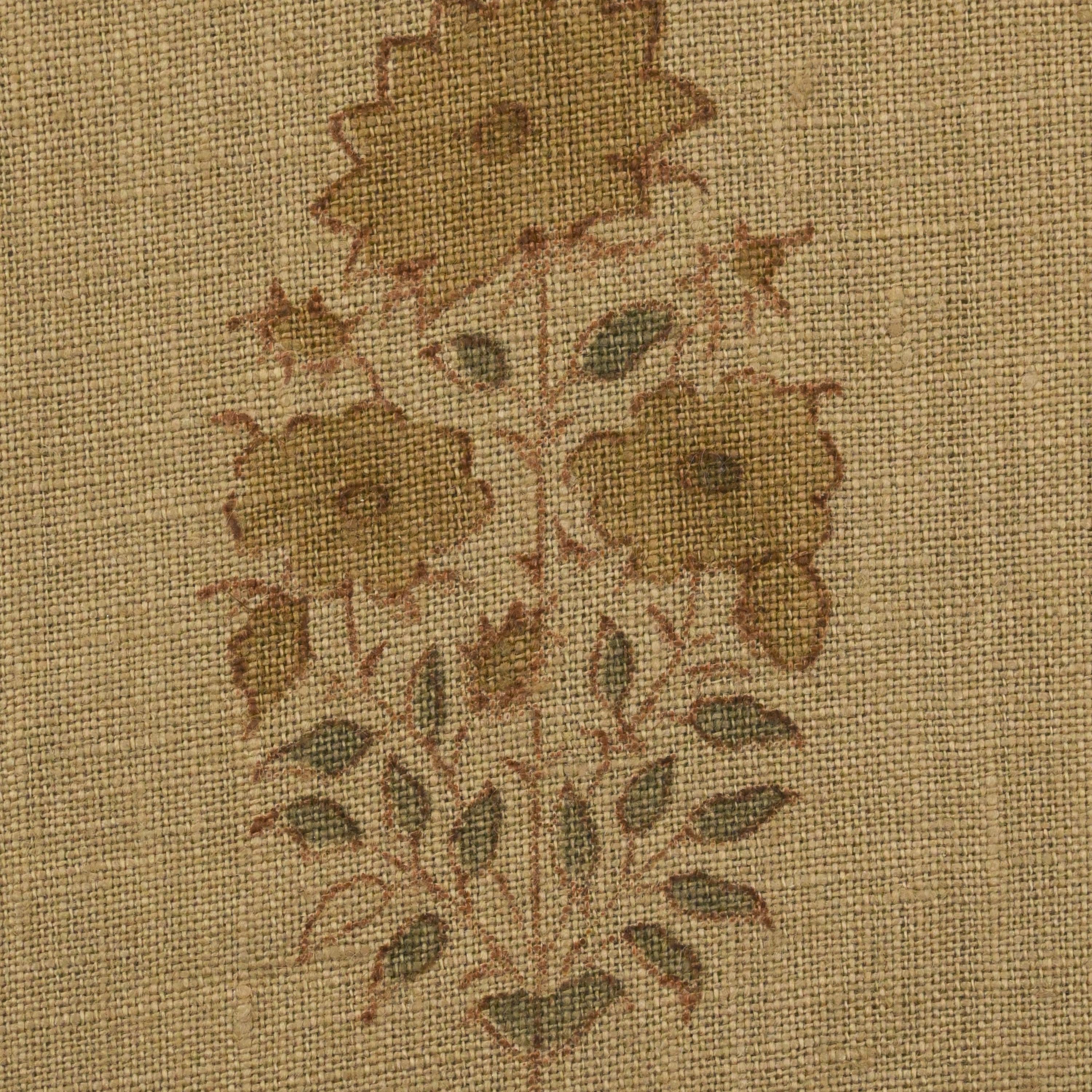 Close-up of the tawny brown floral buti block print detail on camel linen