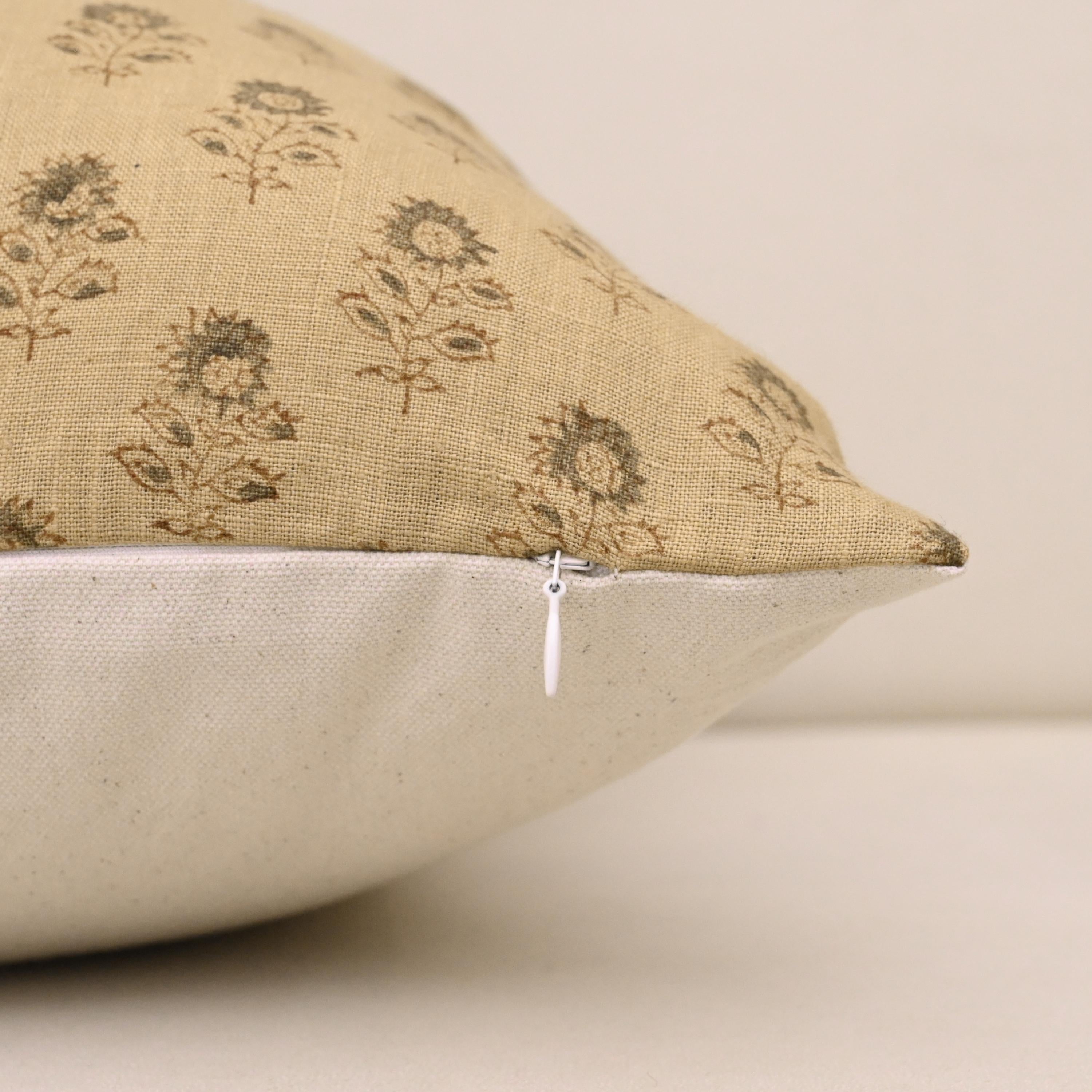 Corner and hidden zipper detail on Designer linen pillow cover