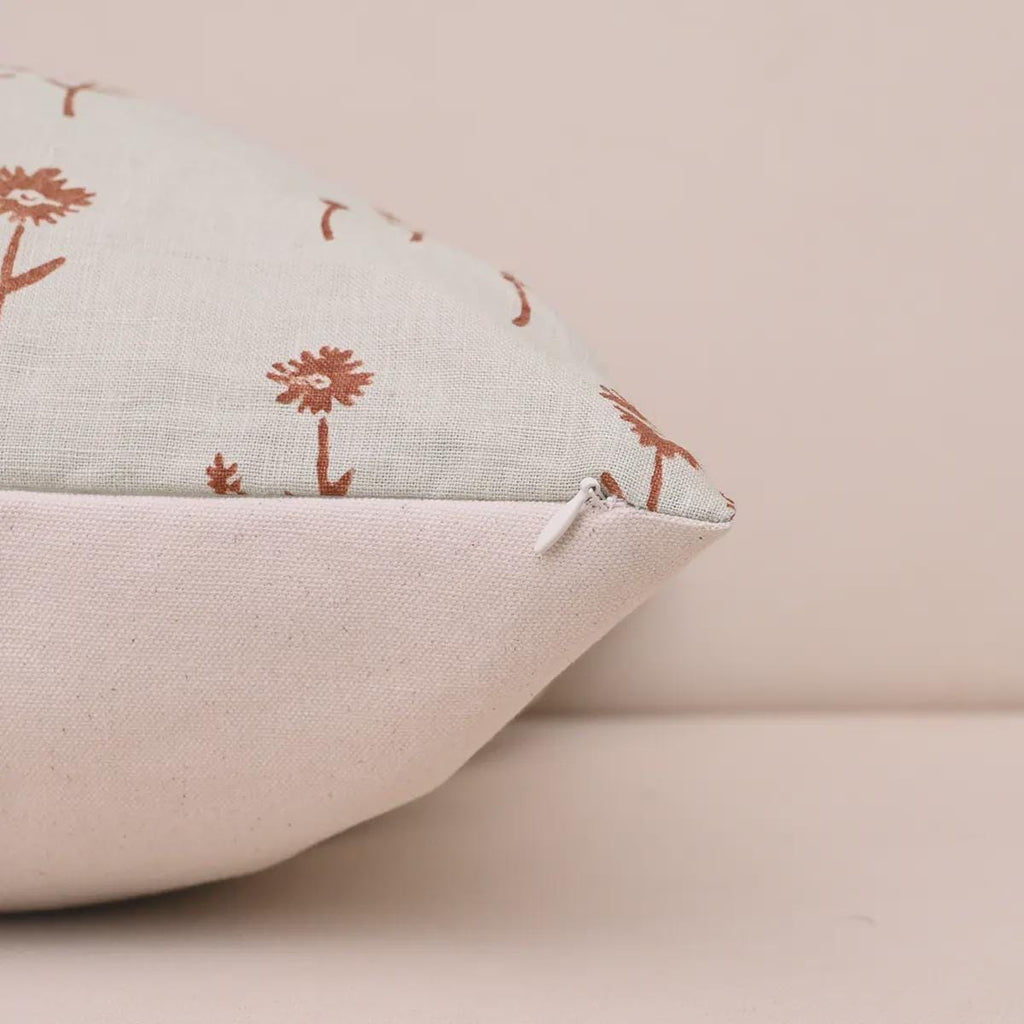 Rust floral linen pillow cover corner and zipper detail