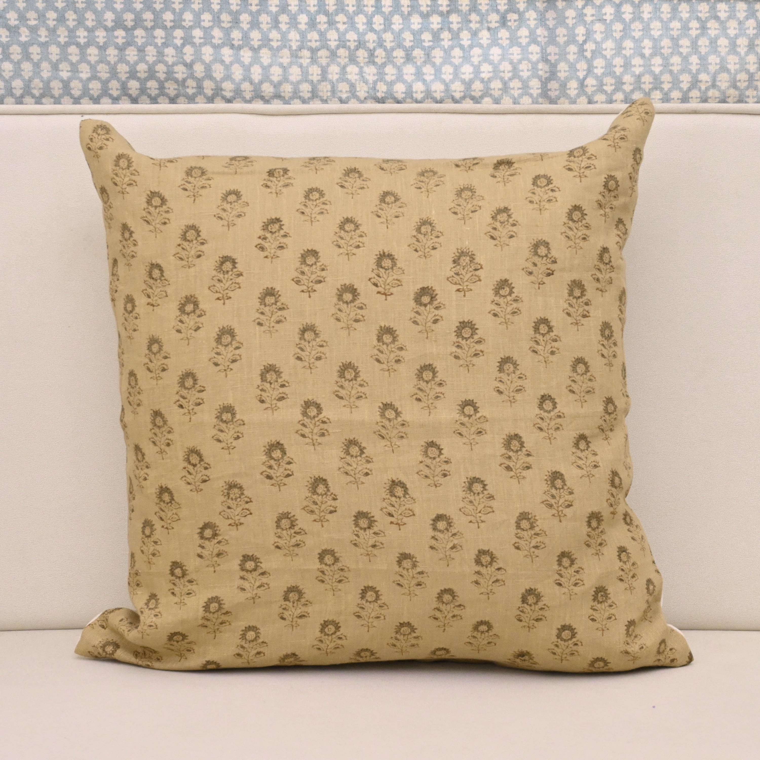 Camel linen pillow cover with hand block printed dark espresso sunflower buti motif, front view