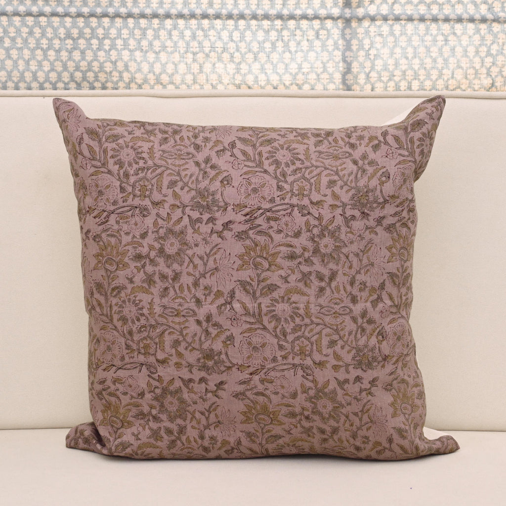 Dusty mauve linen pillow cover with hand block printed floral vine in charcoal grey and khaki gold, front view