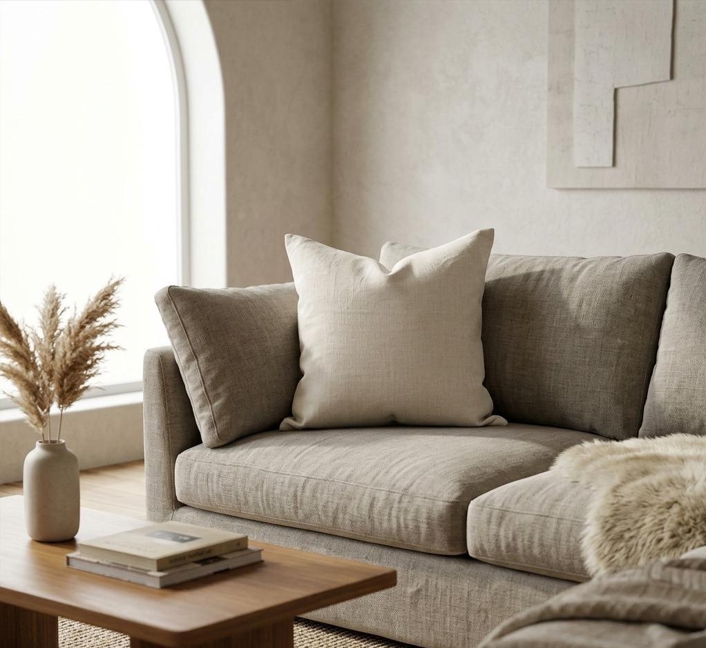 Light grey linen pillow cover styled on a sofa in a living room