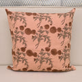 Rust brown pom-pom floral hand block print linen cushion cover on peach background