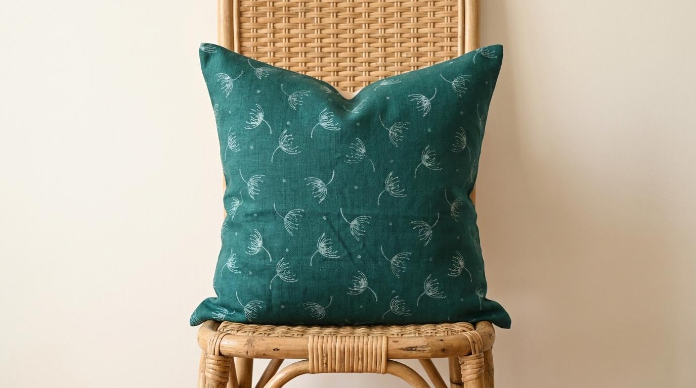 Front view of teal dandelion wild meadow sprigs cushion cover