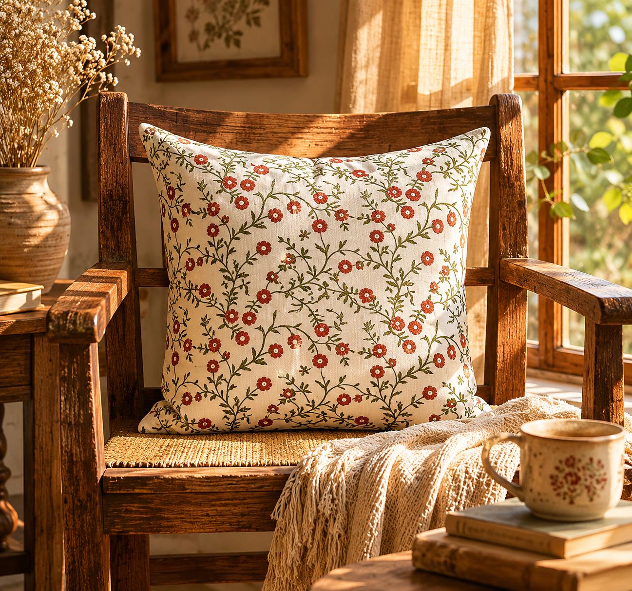 Terracotta floral hand block print cushion cover, angled view