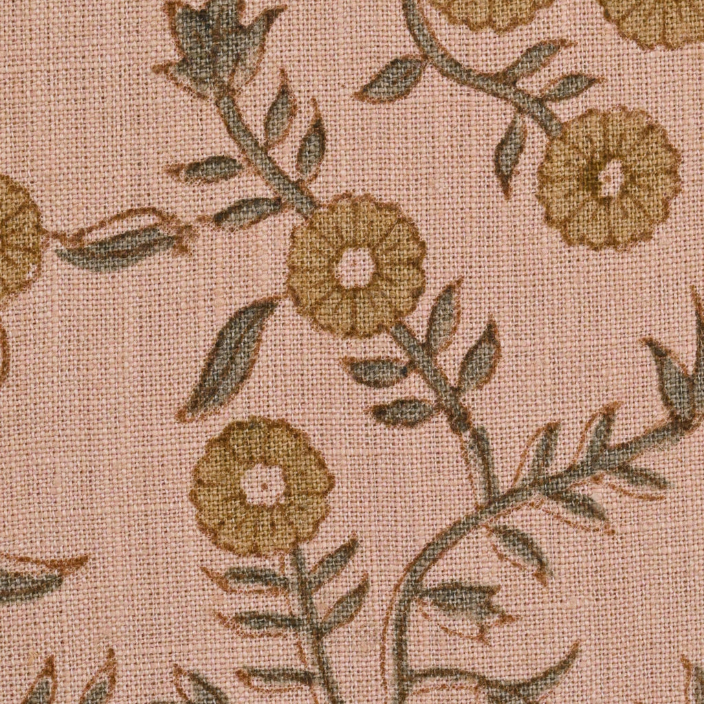 Close-up of the coral floral hand block print on linen fabric