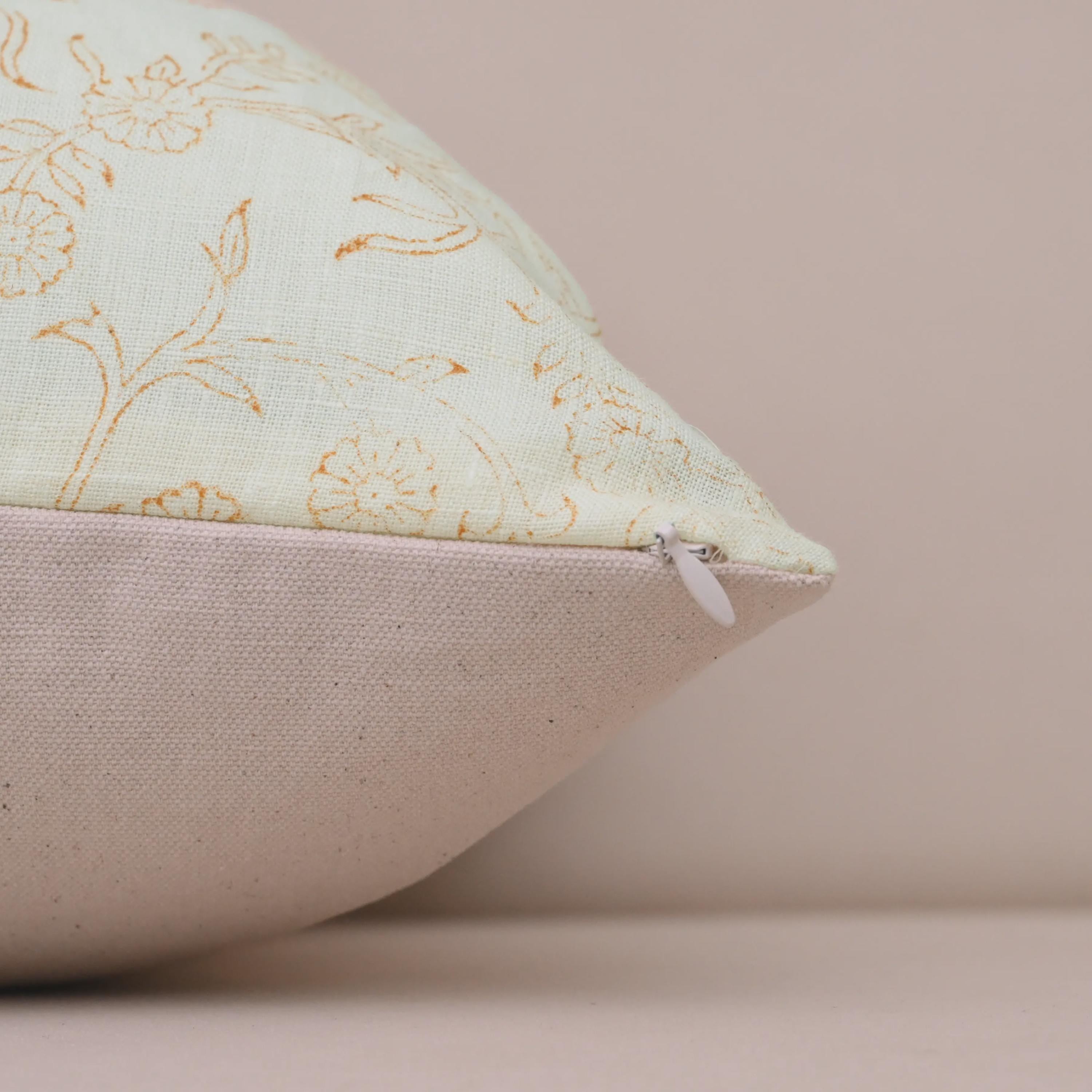 Ivory floral linen pillow cover corner and zipper detail