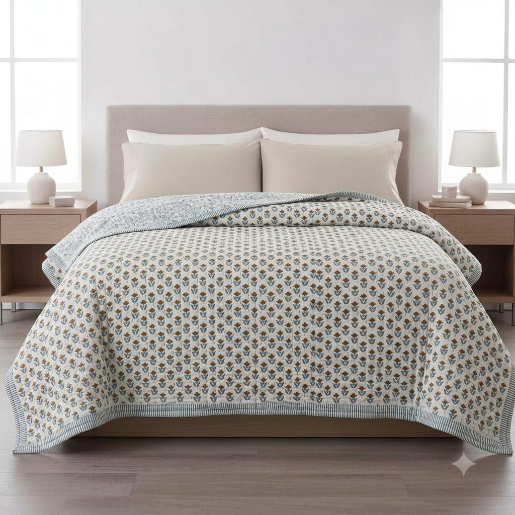 Mason Floral Hand Block Printed Quilt