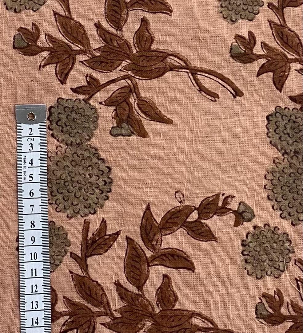 Peach floral hand block print linen cushion cover fabric texture close-up