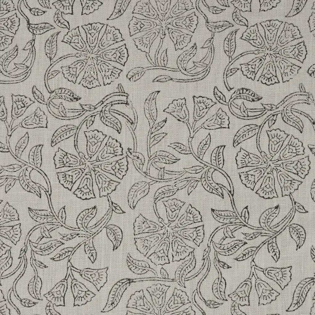 Close-up of ashen grey floral block print detail on cream linen pillow cover