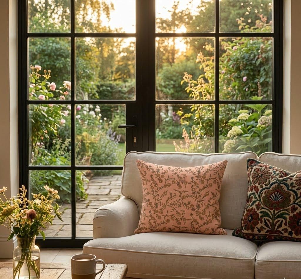 Coral floral hand block print linen pillow cover styled on a beige sofa