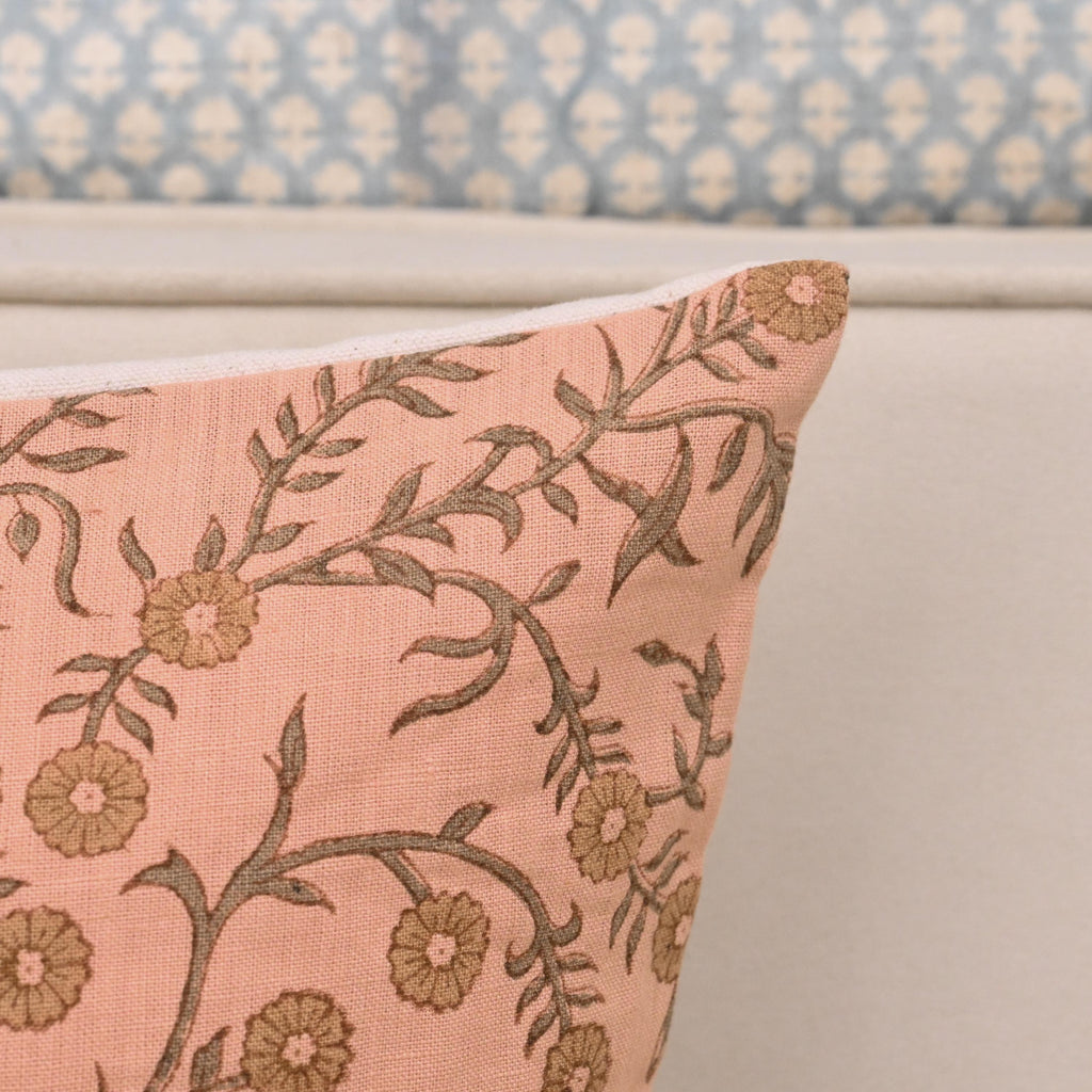 Coral floral linen pillow cover, corner and hidden zipper detail