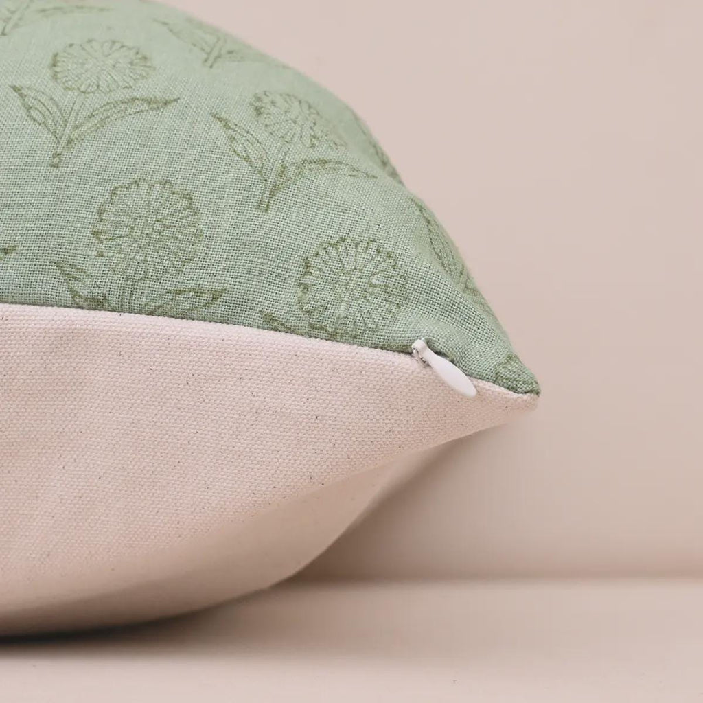 Sage green floral linen pillow cover corner and zipper detail