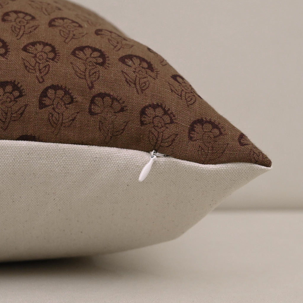 Brown floral block print linen pillow cover product photo