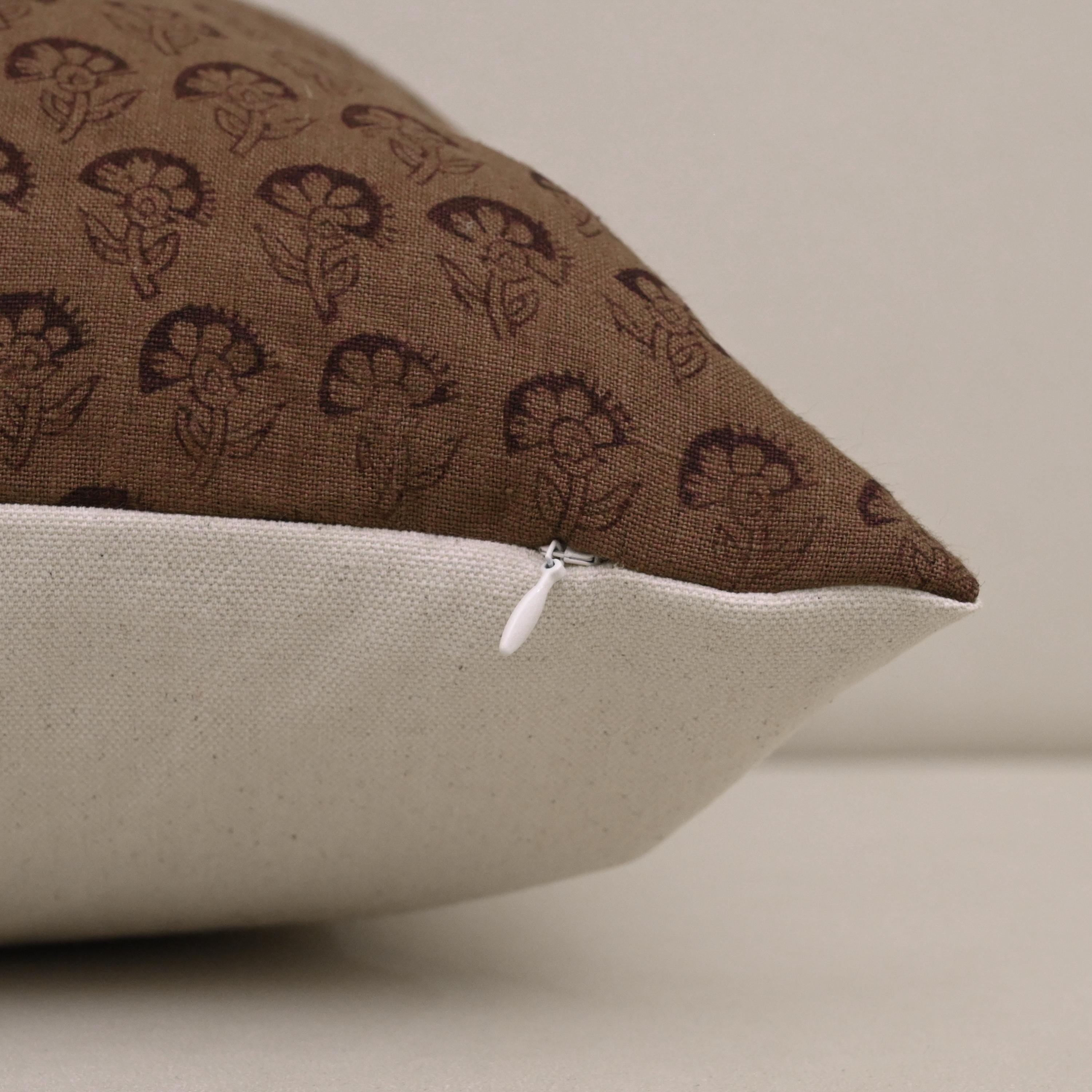 Brown floral block print linen pillow cover product photo