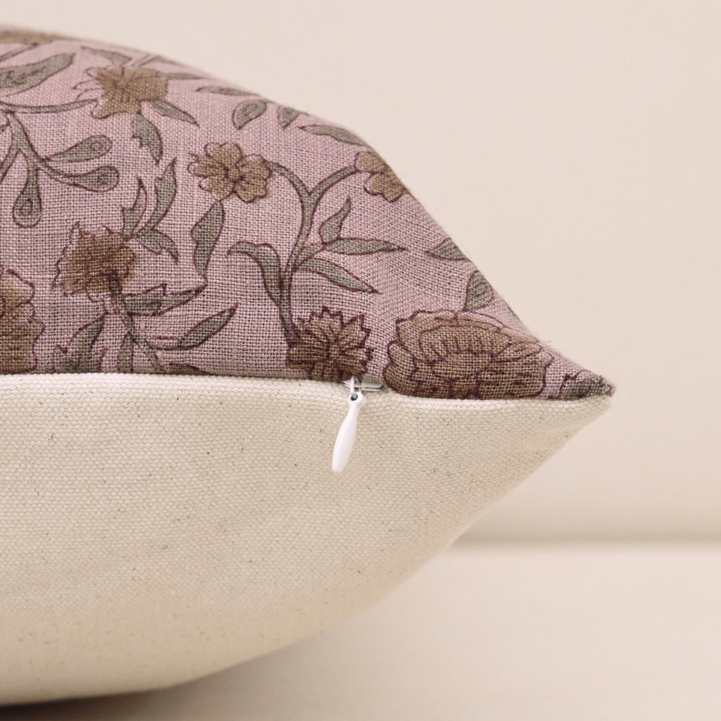 Corner and hidden zipper detail on Heritage linen pillow cover