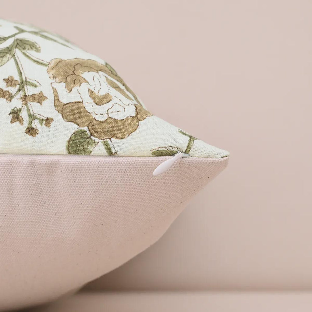 Taupe brown floral linen pillow cover, back view
