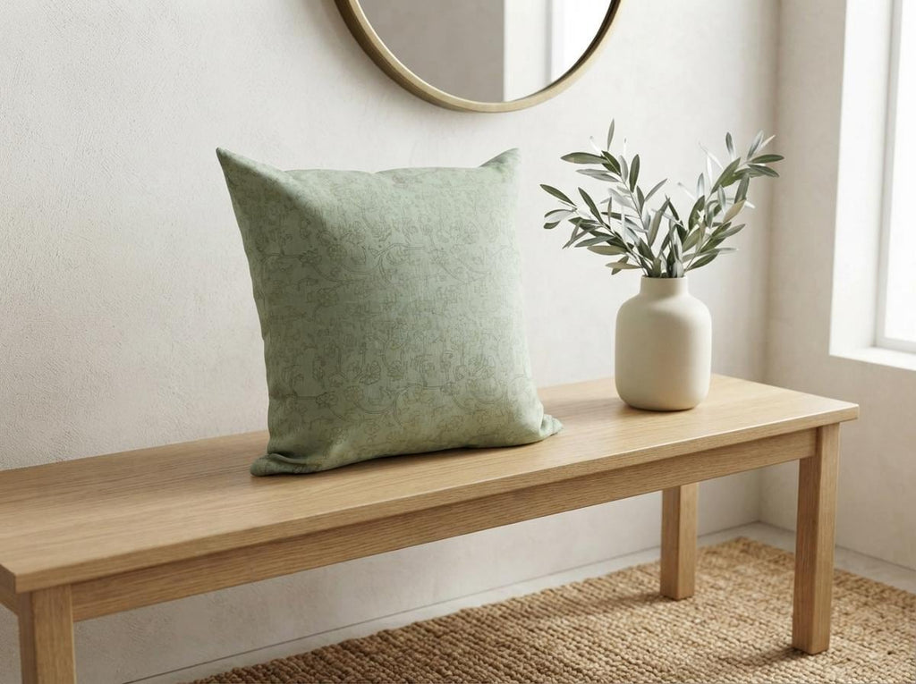 Sage green botanical linen pillow cover styled in a living room