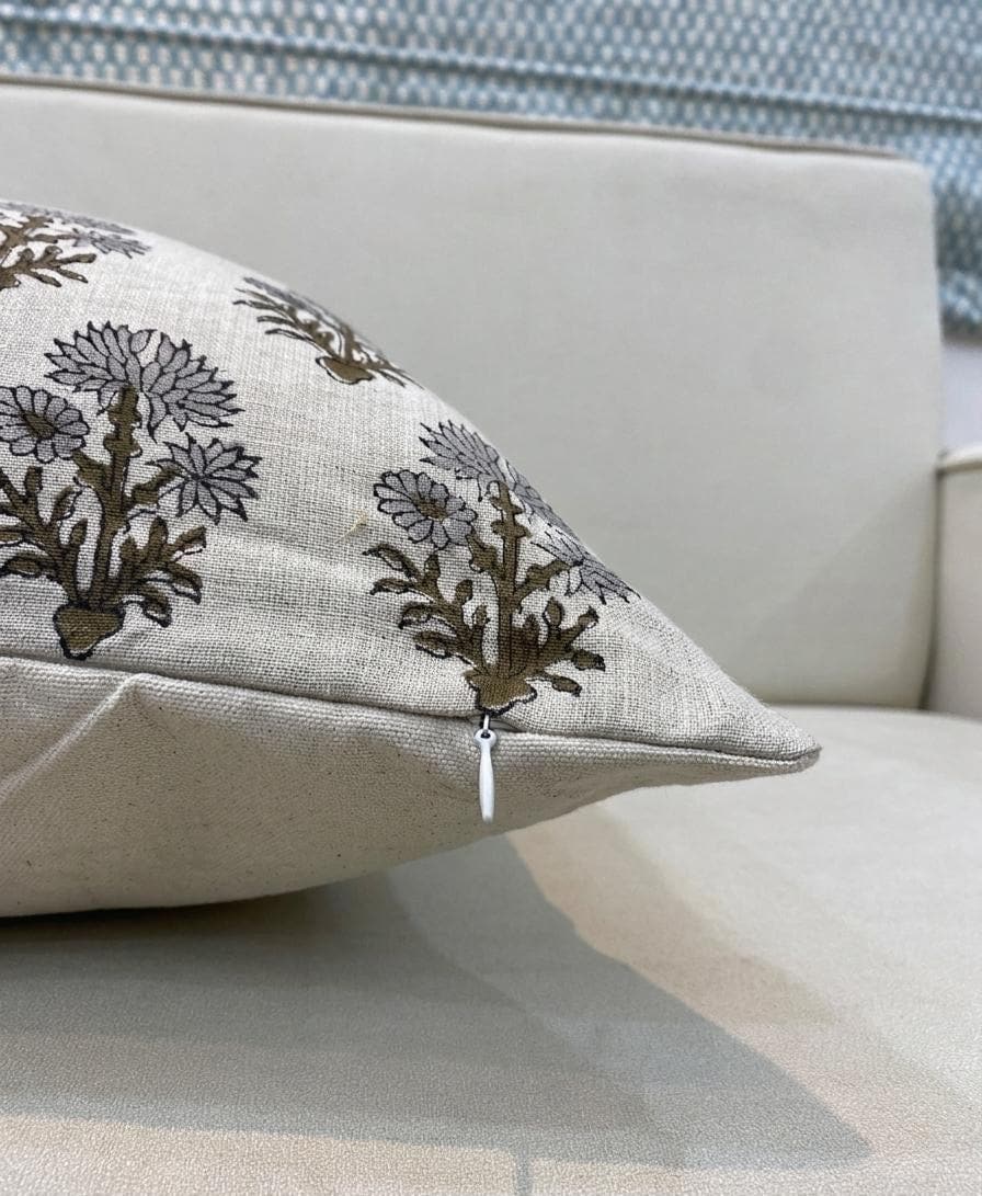 Close-up of natural linen fabric texture with Mughal floral block print