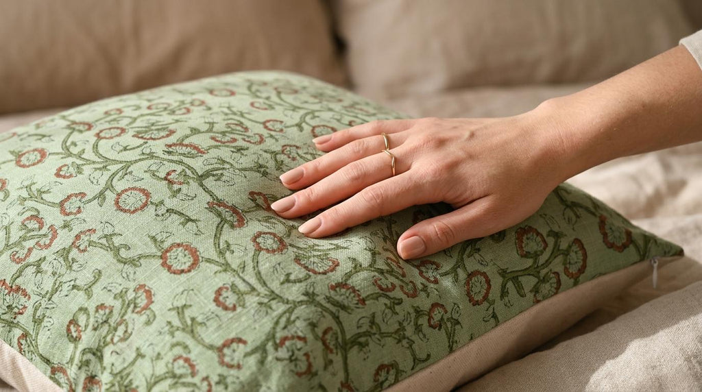 Sage green block print linen cushion cover, back view