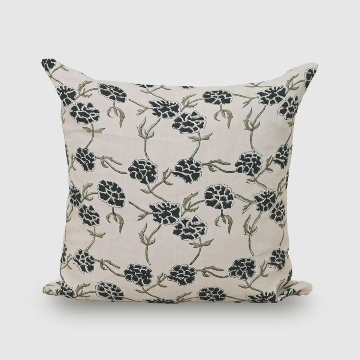 Charcoal grey floral hand block print linen pillow cover on cream background