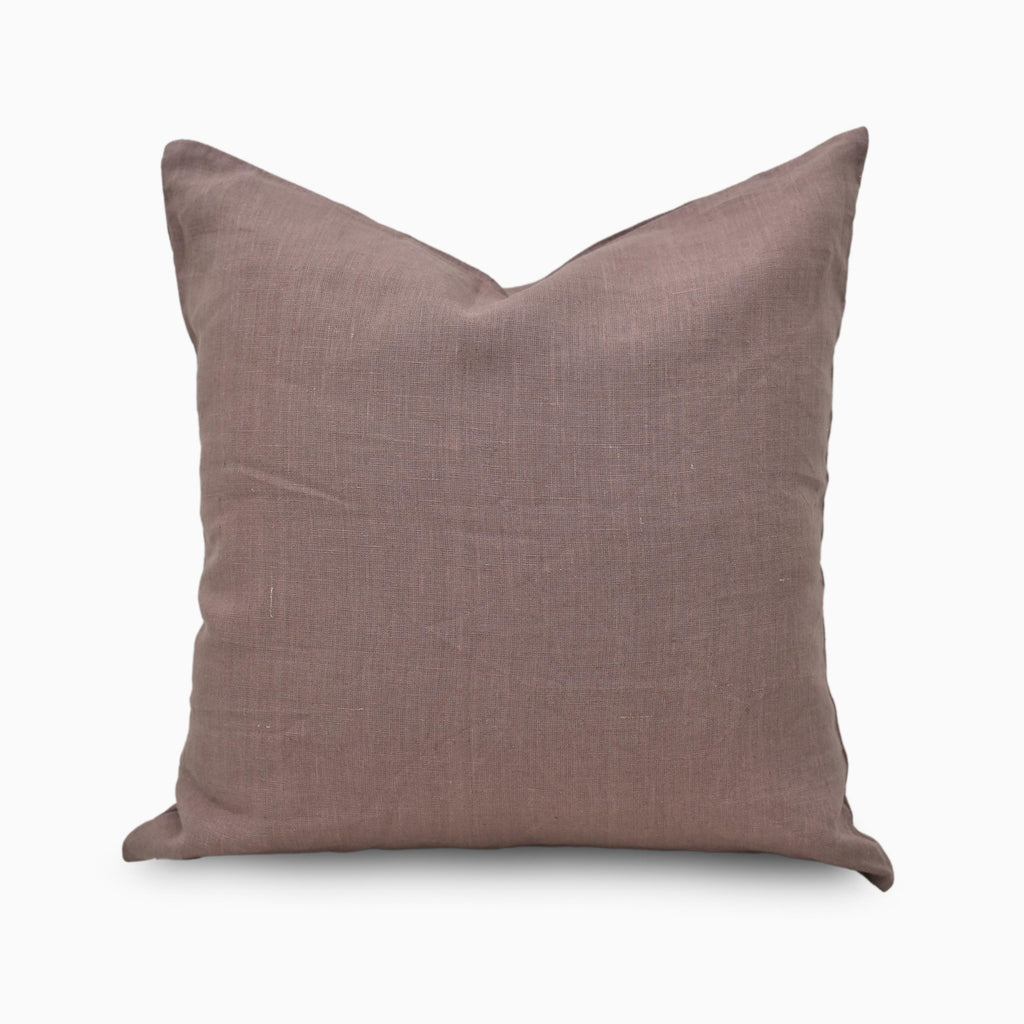 Purple solid linen pillow cover, front view showing dusty mauve-purple tone