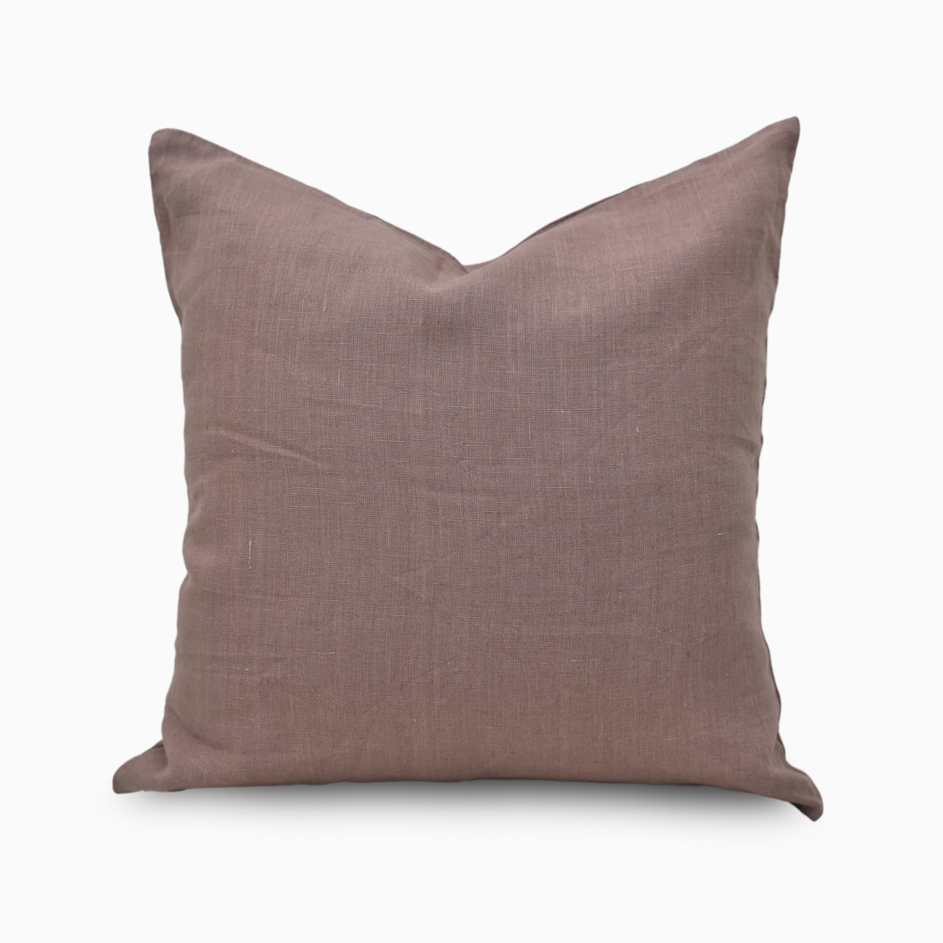 Purple solid linen pillow cover, front view showing dusty mauve-purple tone