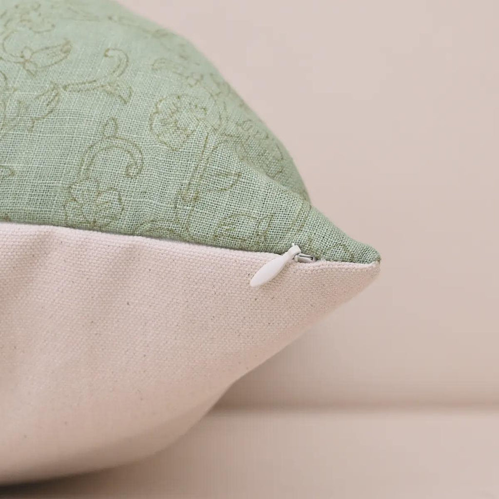 Sage green botanical linen pillow cover corner and zipper detail