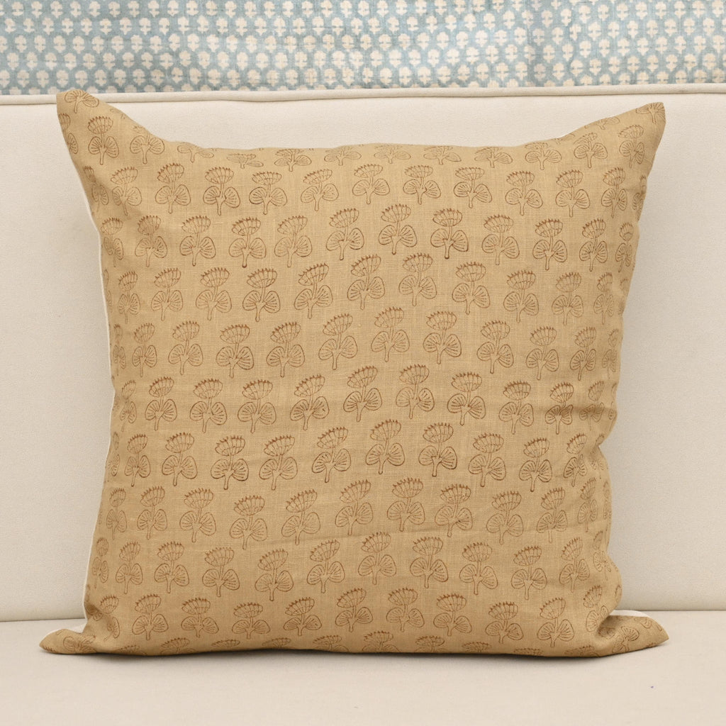 Camel linen pillow cover with hand block printed tawny brown geometric leaf motif, front view