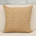 Camel linen pillow cover with hand block printed tawny brown geometric leaf motif, front view