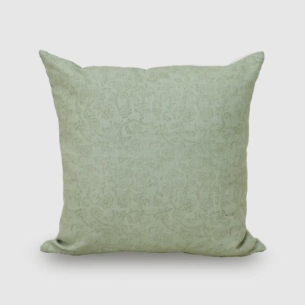 Sage green tonal botanical hand block print linen pillow cover, front view