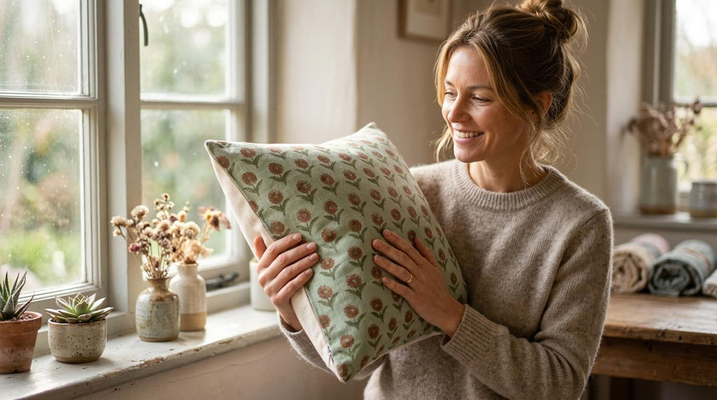 Sage green block print linen cushion cover, back view