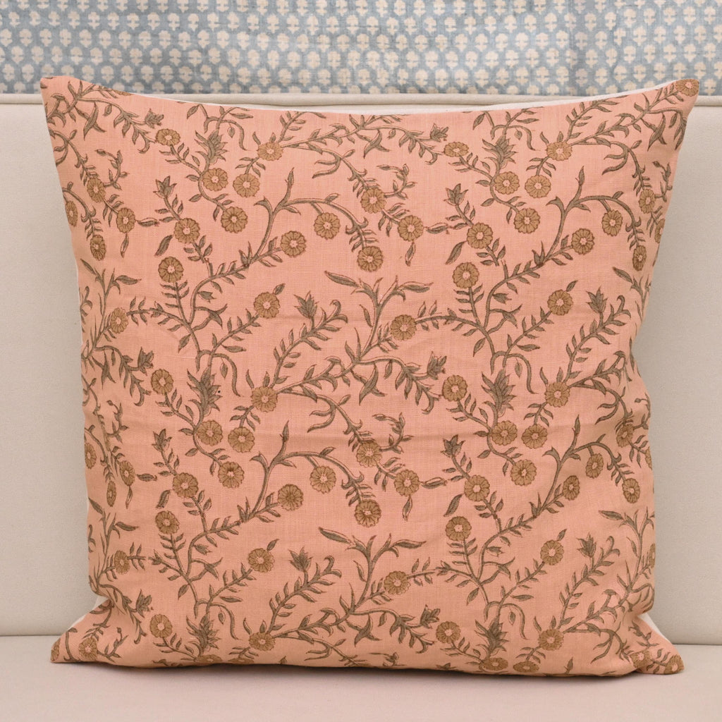 Coral floral hand block print linen pillow cover, front view