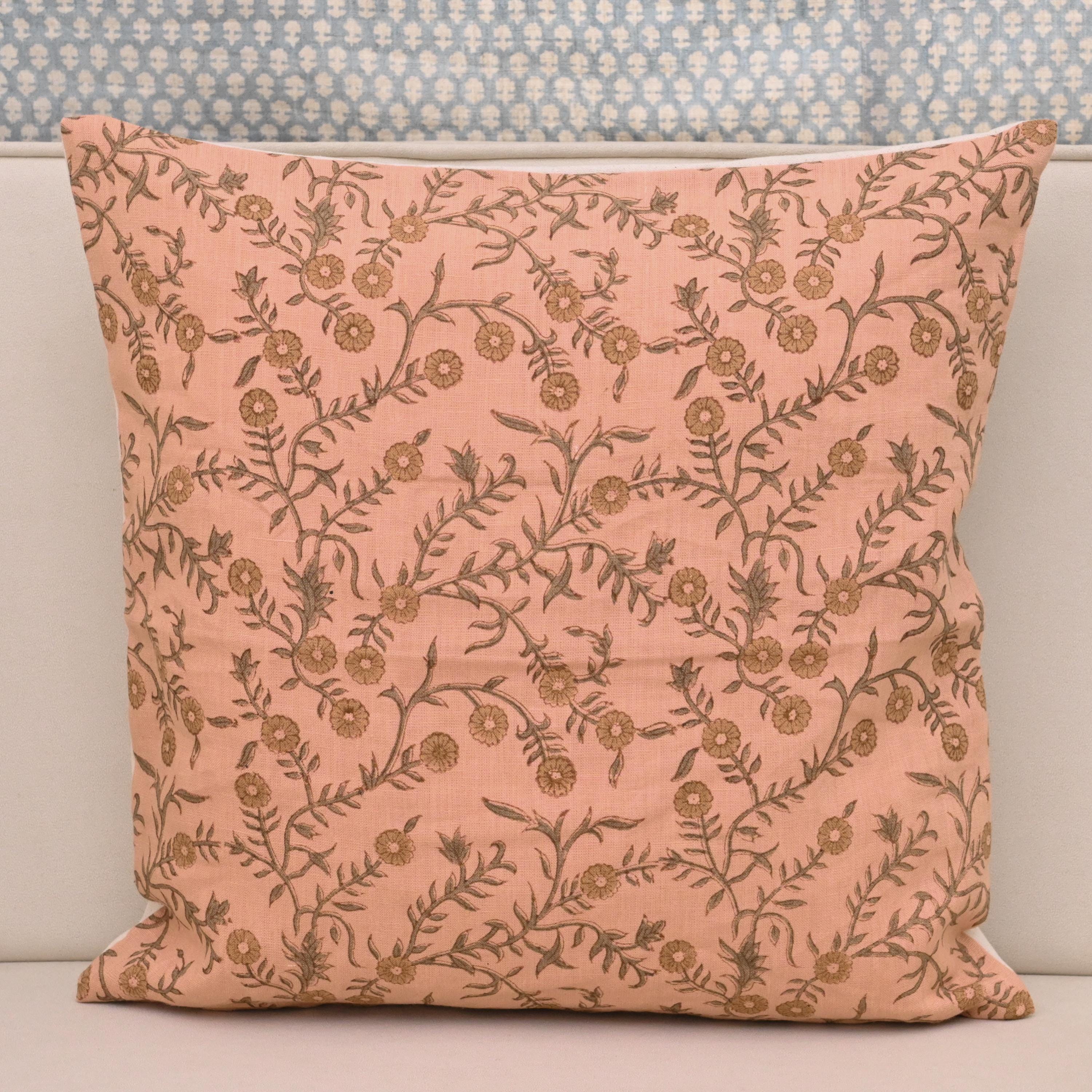 Coral floral hand block print linen pillow cover, front view