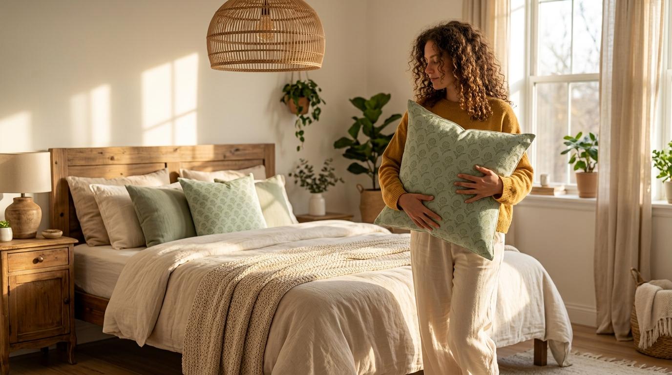 Sage green floral linen pillow cover styled in a living room