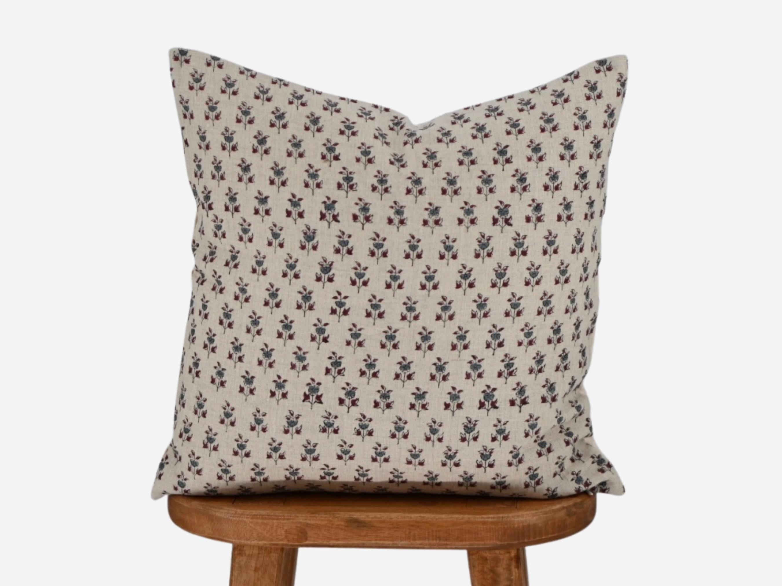 Navy and burgundy floral hand block print linen pillow cover, front view