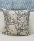 Blue-gray floral hand block print linen pillow cover, front view