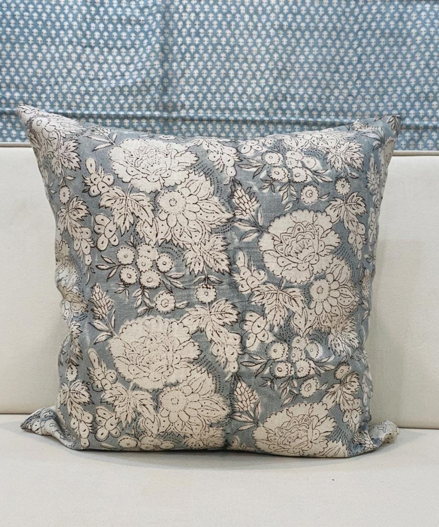 Blue-gray floral hand block print linen pillow cover, front view