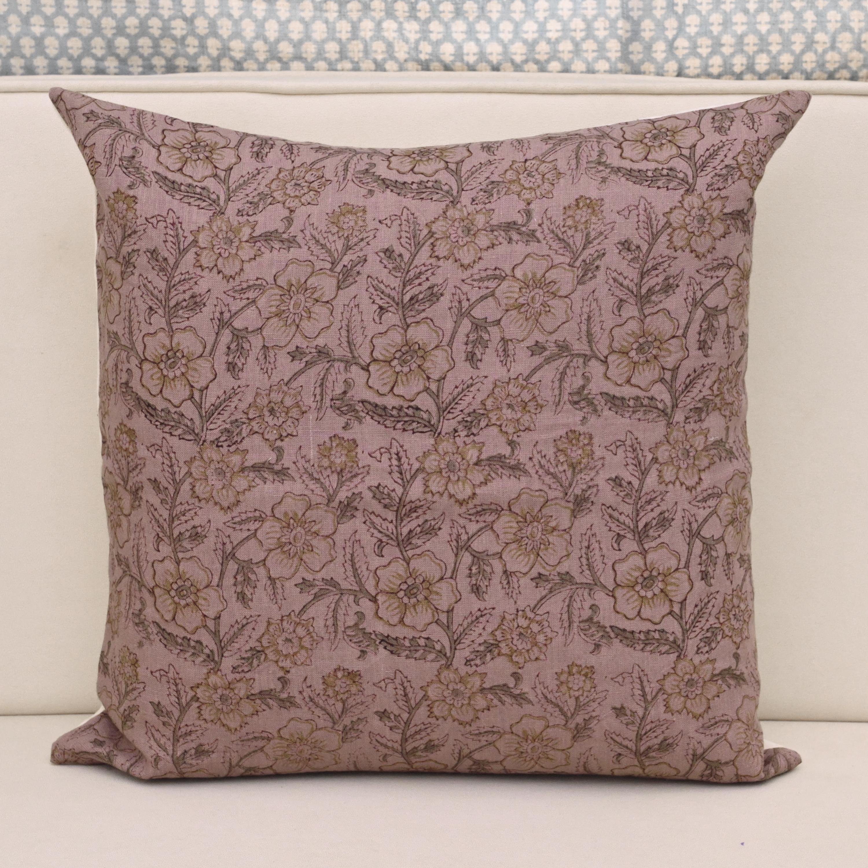 Khaki gold floral hand block print linen pillow cover on dusty rose mauve background