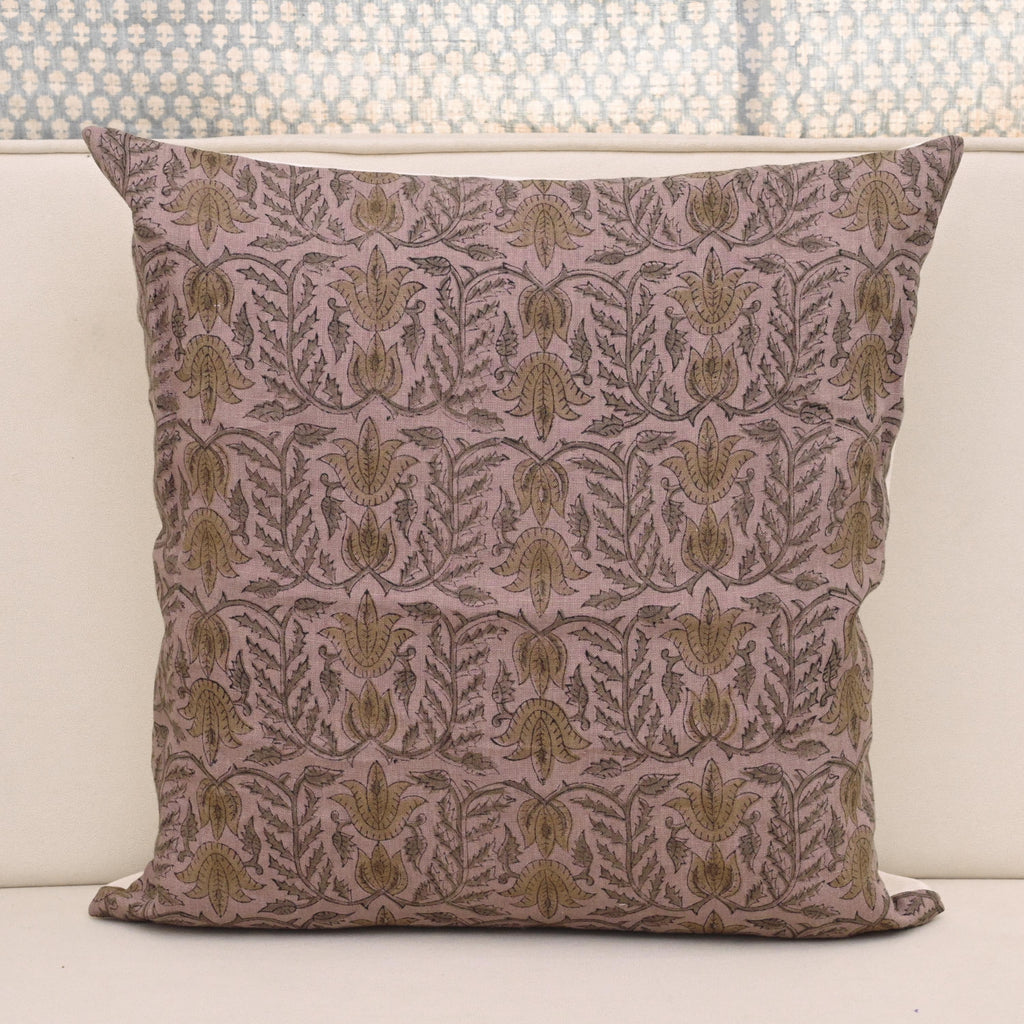 Mauve linen pillow cover with hand block printed damask lotus vine in charcoal grey and khaki gold, front view