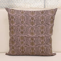 Mauve linen pillow cover with hand block printed damask lotus vine in charcoal grey and khaki gold, front view