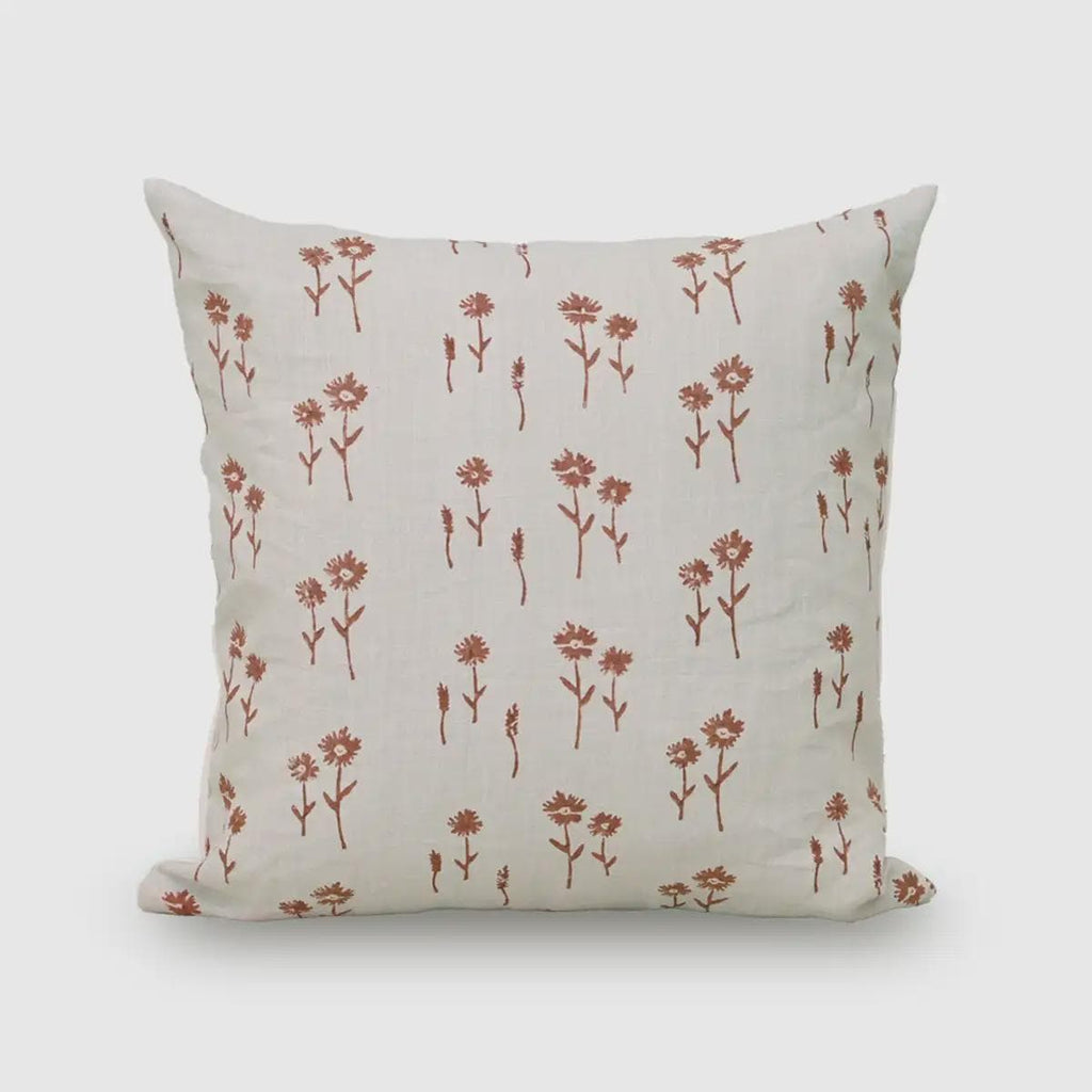 Rust terracotta floral sprig hand block print linen pillow cover, front view
