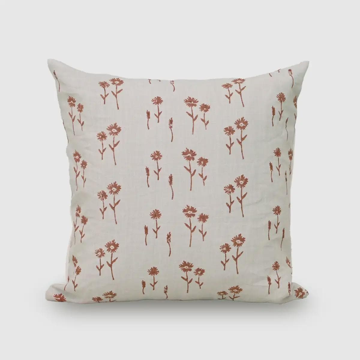 Rust terracotta floral sprig hand block print linen pillow cover, front view