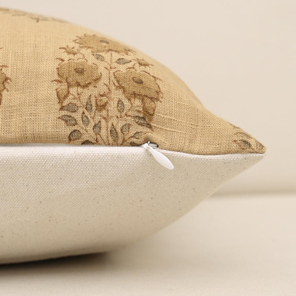 Corner and hidden zipper detail on Bloom linen pillow cover