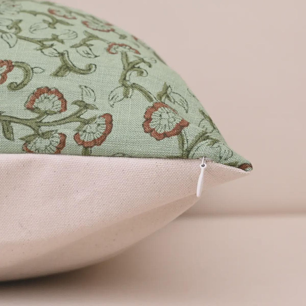 Sage green jaal linen pillow cover corner and zipper detail