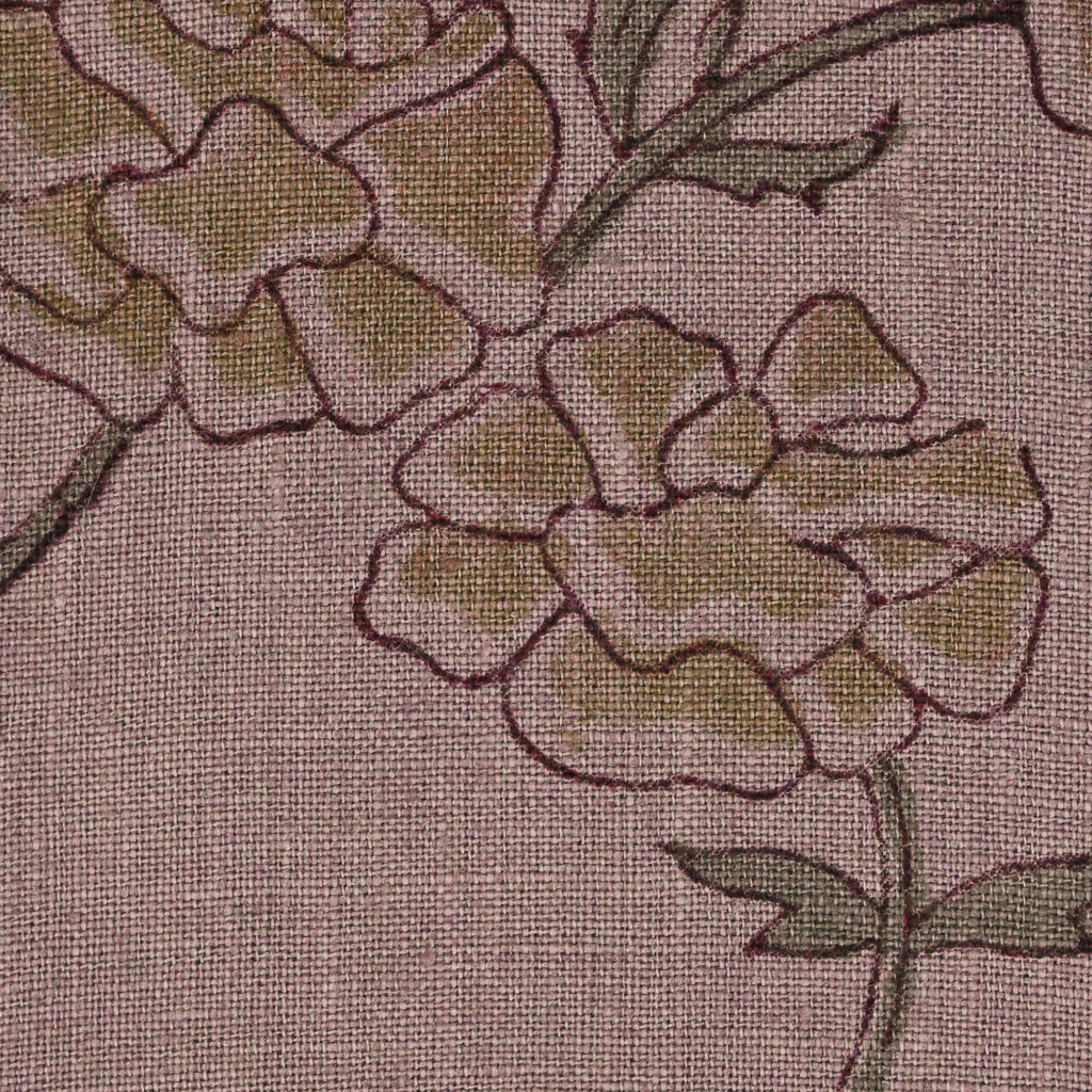 Hidden zipper and corner detail of mauve floral linen cushion cover