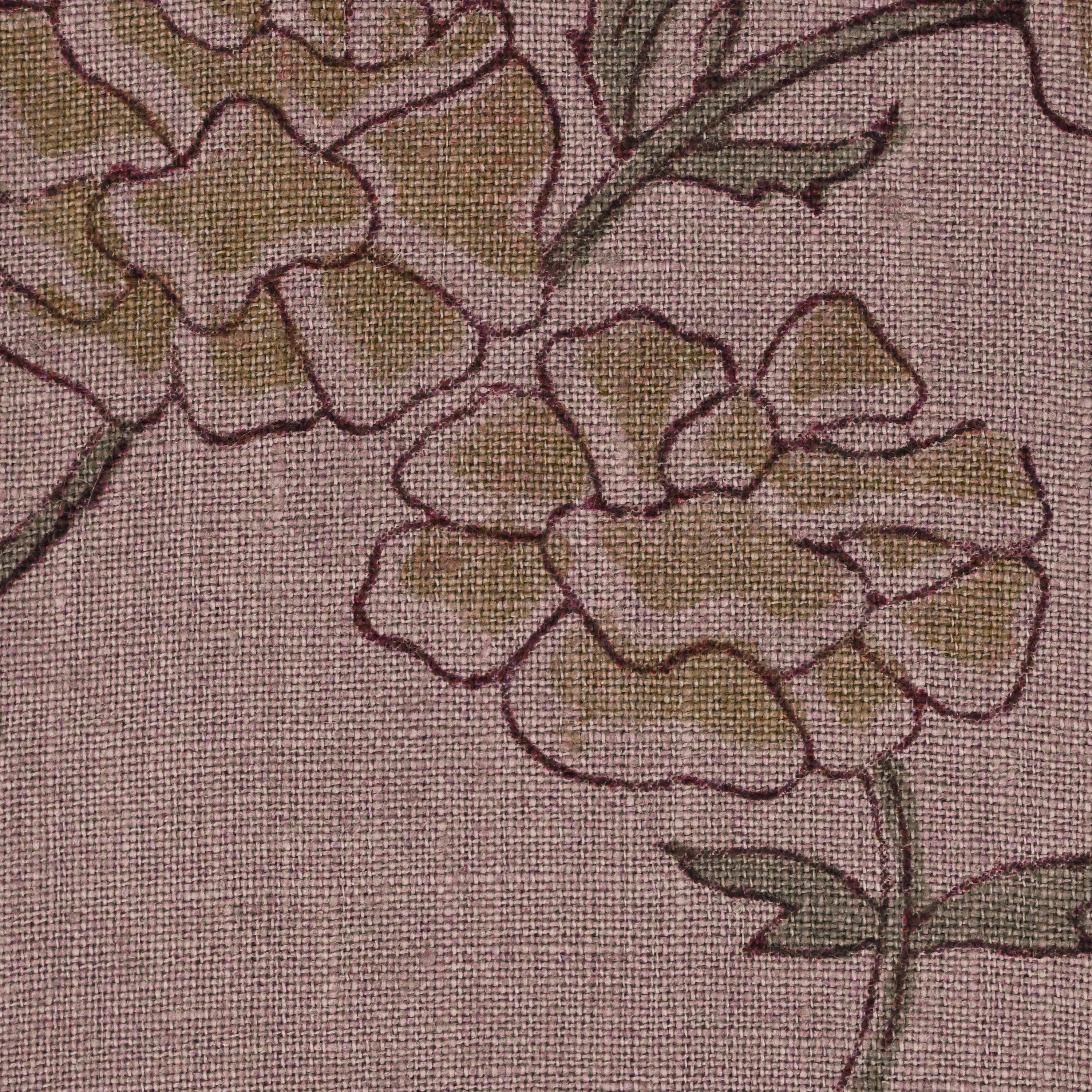 Hidden zipper and corner detail of mauve floral linen cushion cover